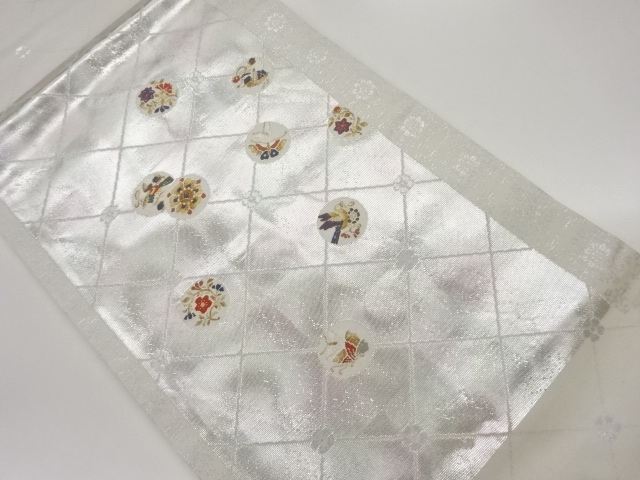 丸に蝶・鳥・花模様織出し名古屋帯